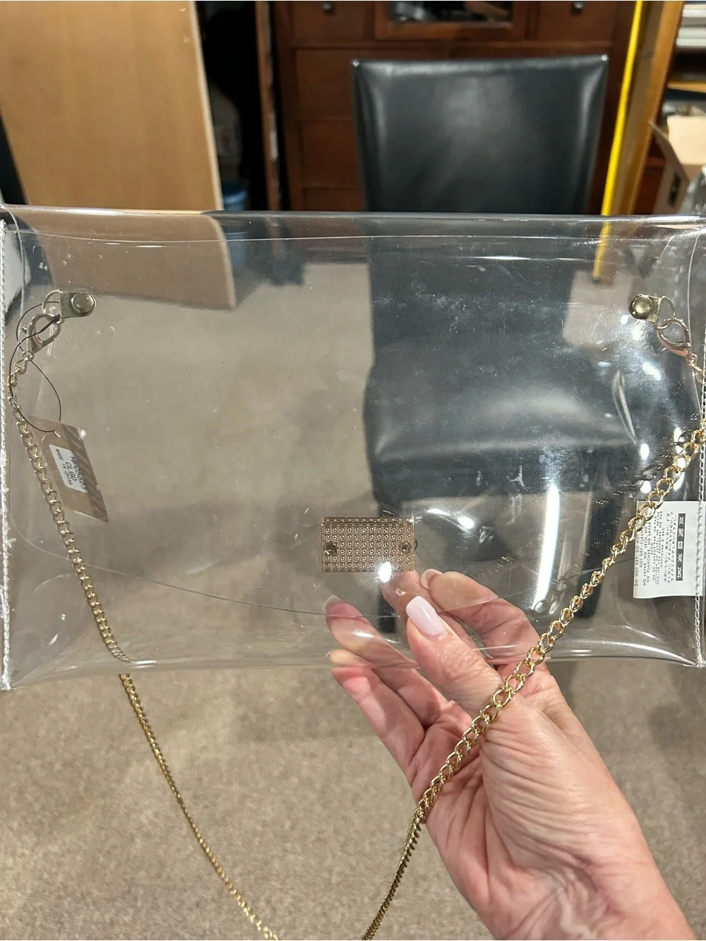 NWT. Clear Vinyl Crossbody Stadium Bag with Removable Gold Chain Strap